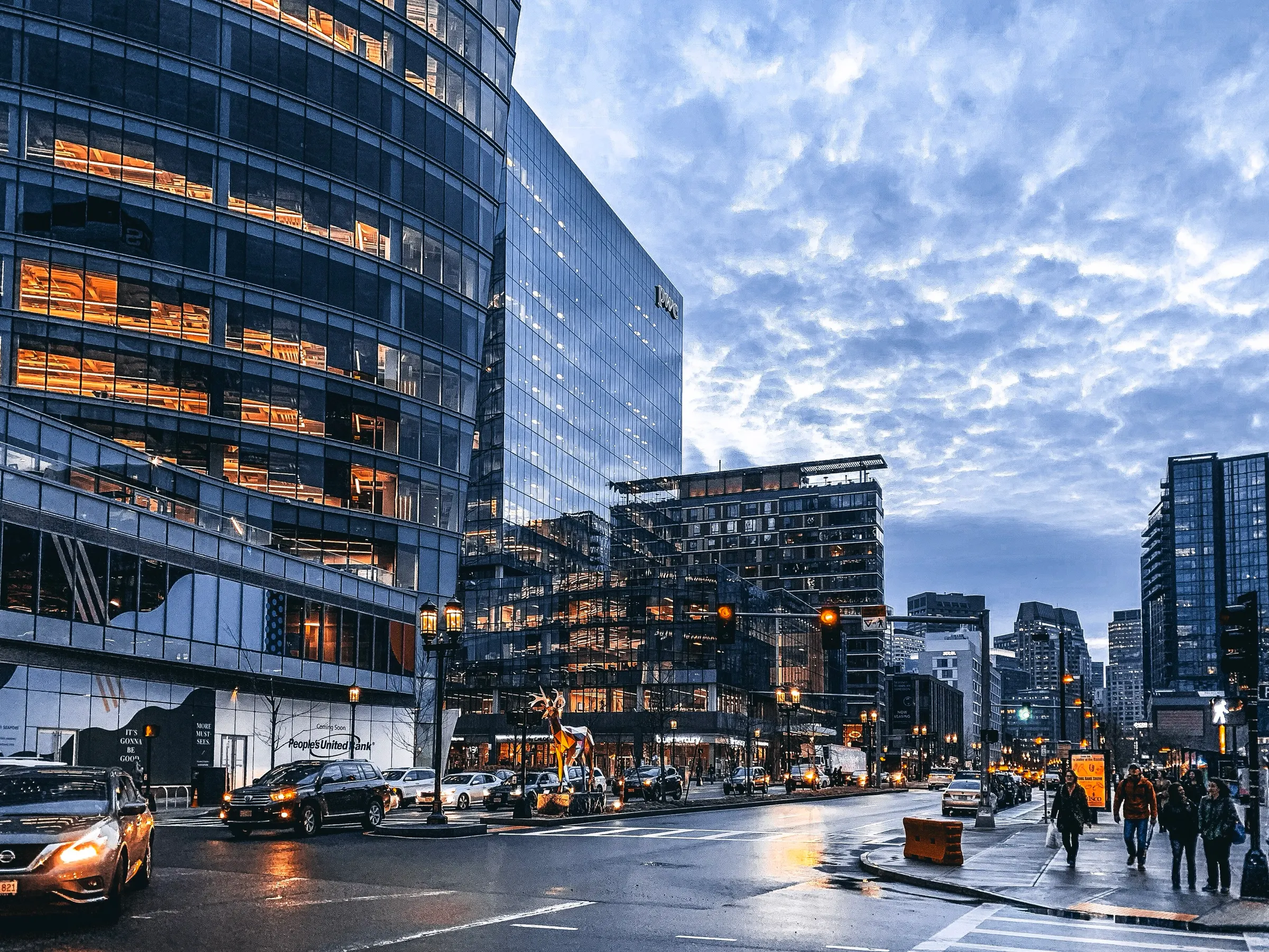 Seaport waterfront at dusk